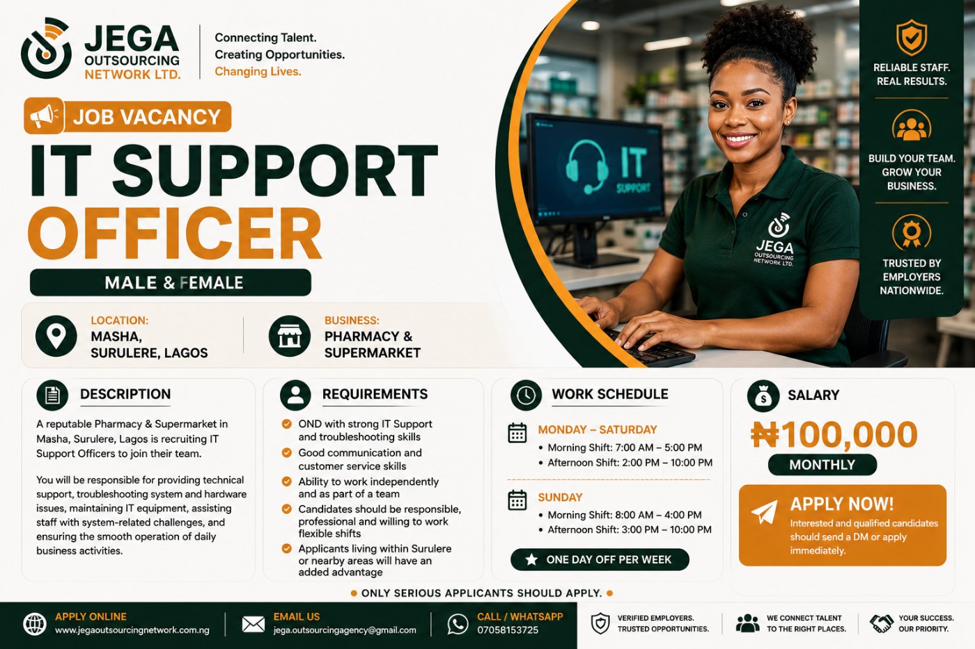IT Support Officer (Male & Female) vacancy flyer