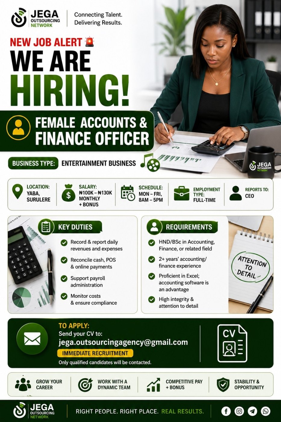 Accounts & Finance Officer (Female) vacancy flyer