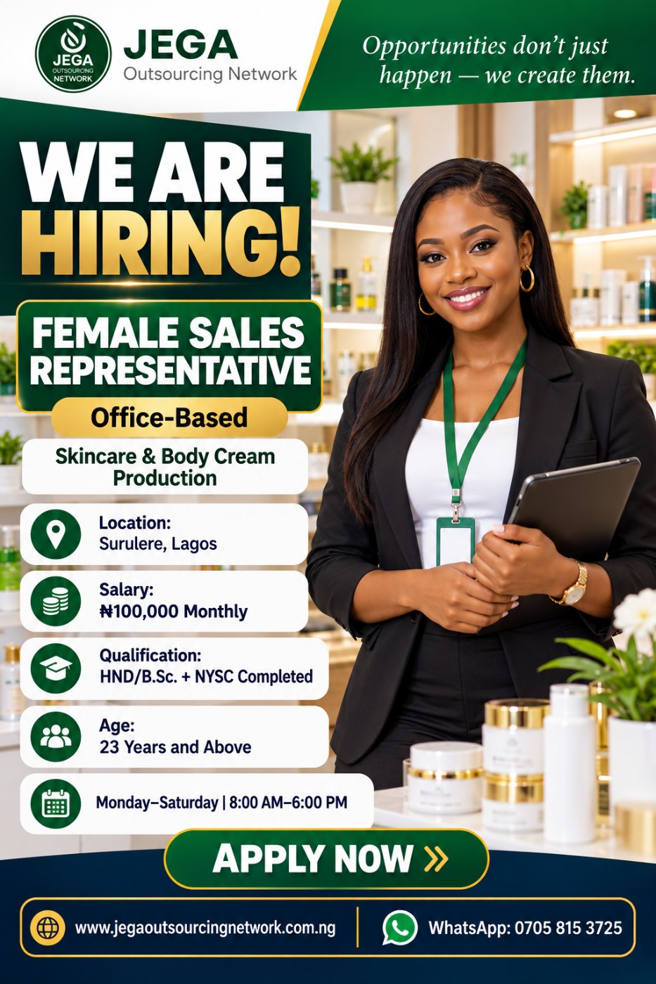Female Sales Representative (Office-Based) vacancy flyer