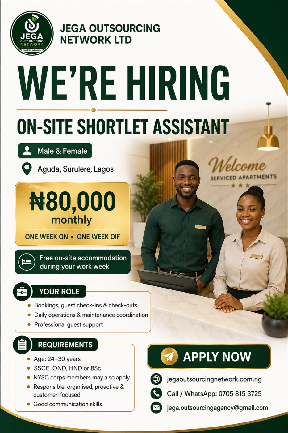 On-site Shortlet Assistant (Male & Female) vacancy flyer