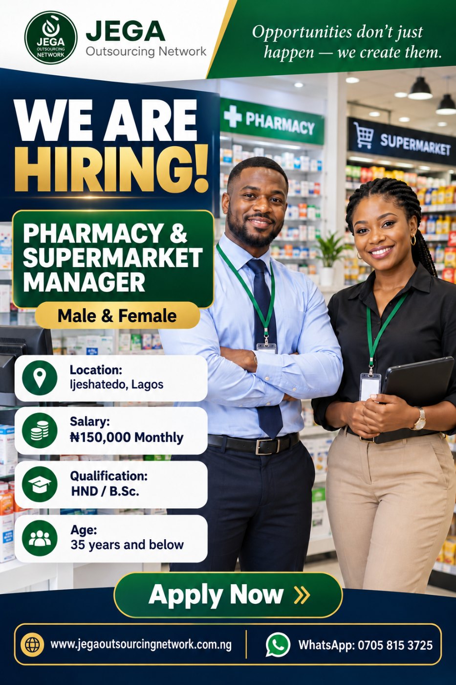 Pharmacy & Supermarket Manager (Male/Female) vacancy flyer