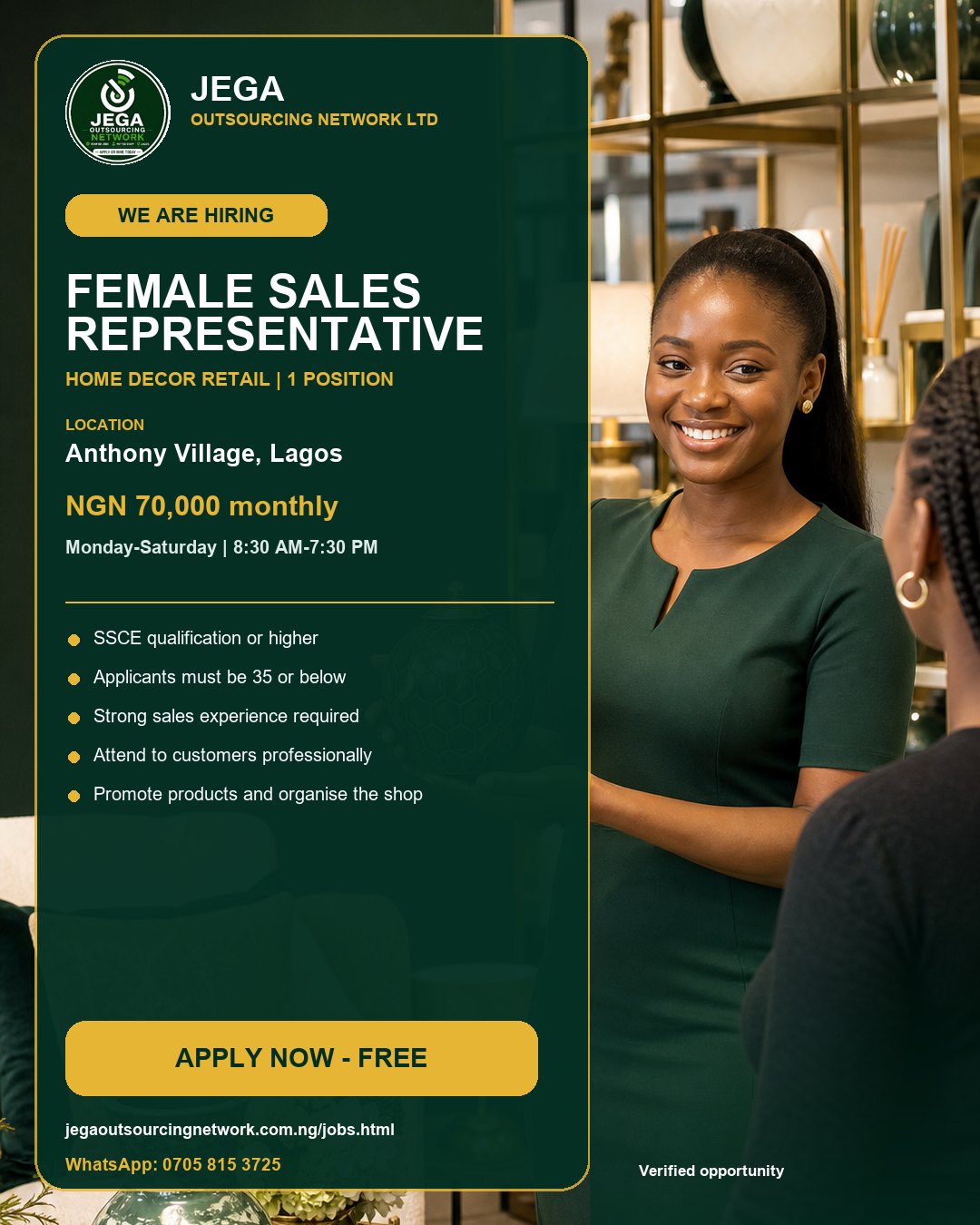 Female Sales Representative vacancy flyer