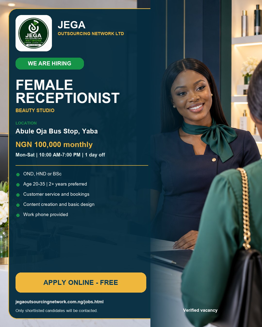 Female Receptionist vacancy flyer