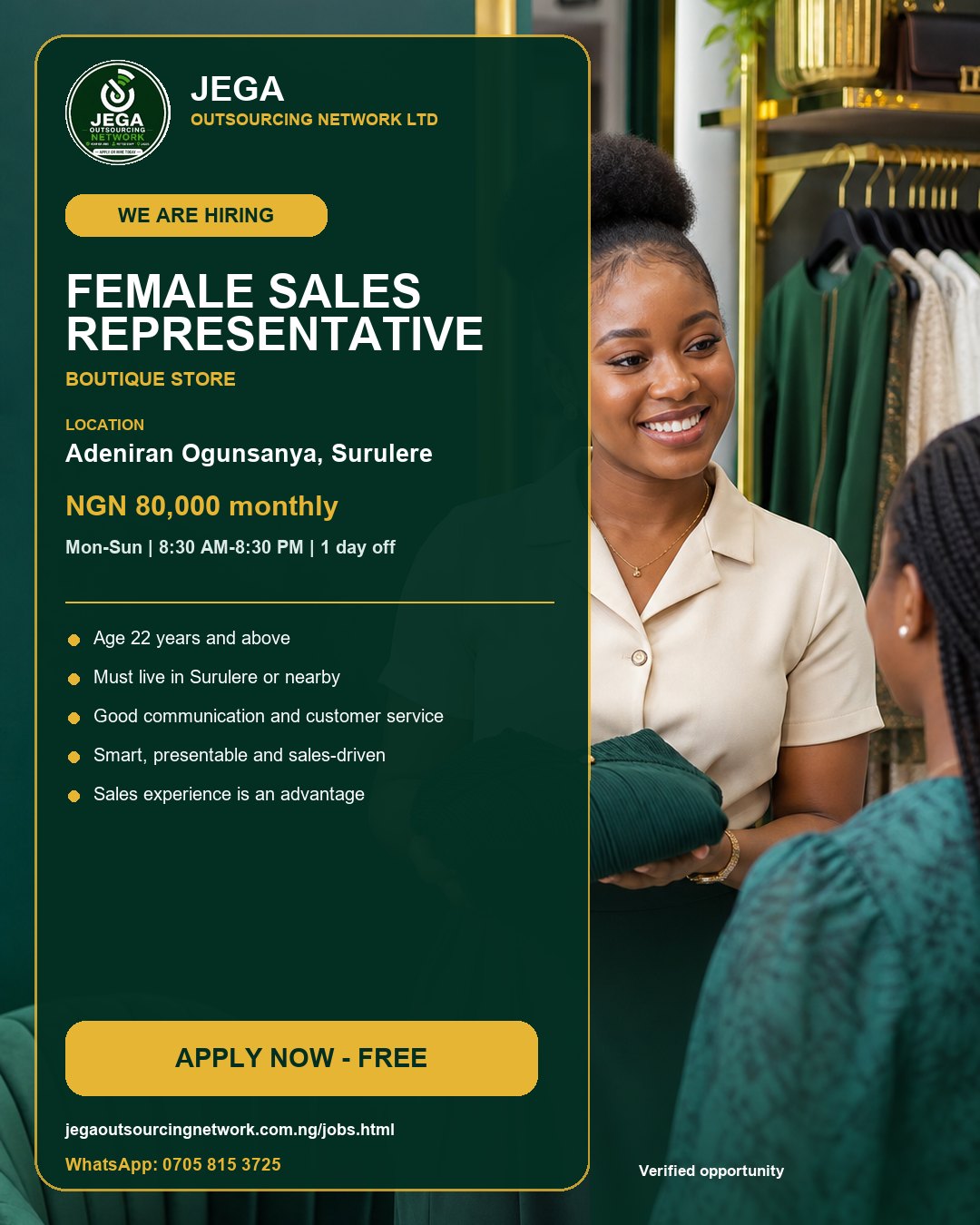 Female Sales Representative vacancy flyer
