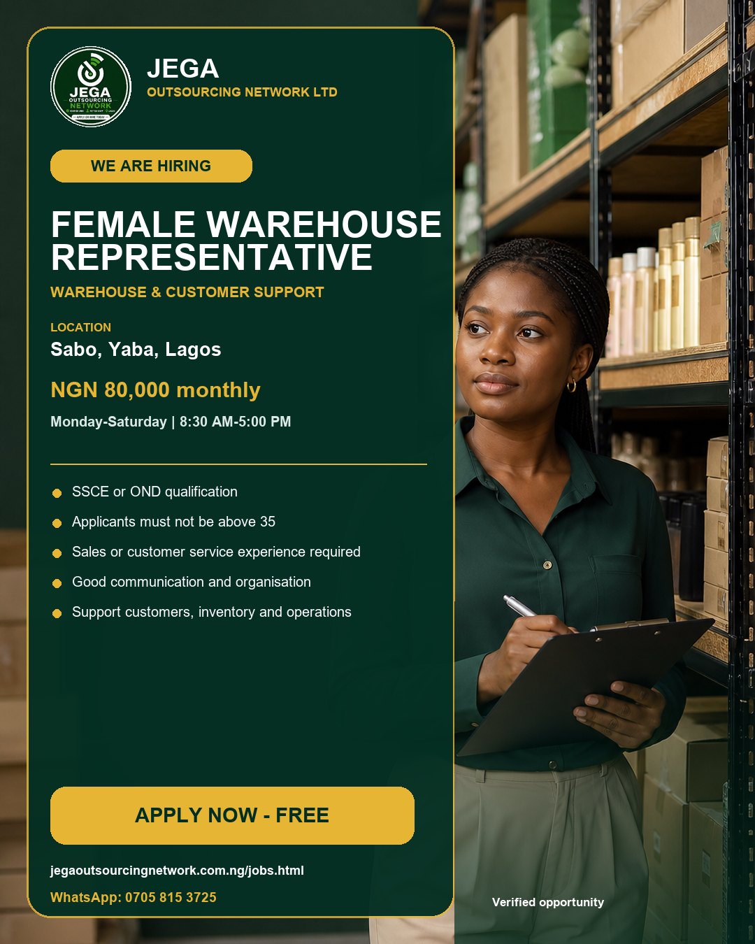 Female Warehouse Representative vacancy flyer