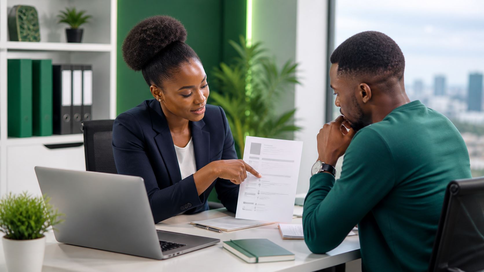 Job seeker reviewing CV improvements with a recruitment consultant in Lagos