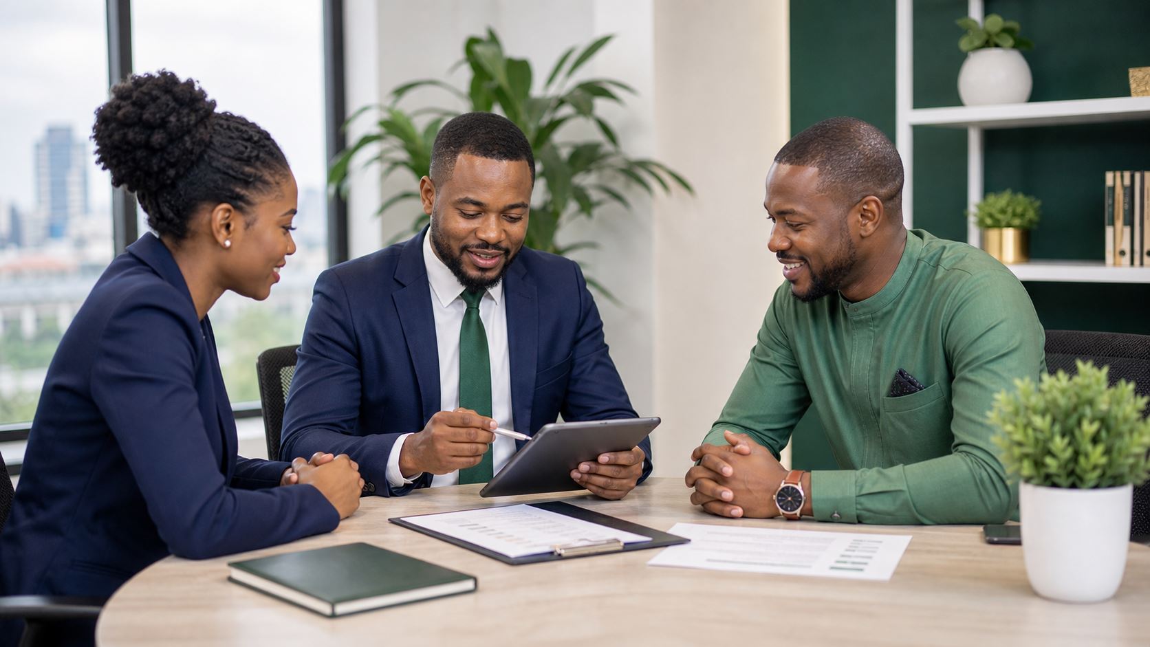 Employer, applicant and recruitment consultant discussing a job opportunity in Lagos