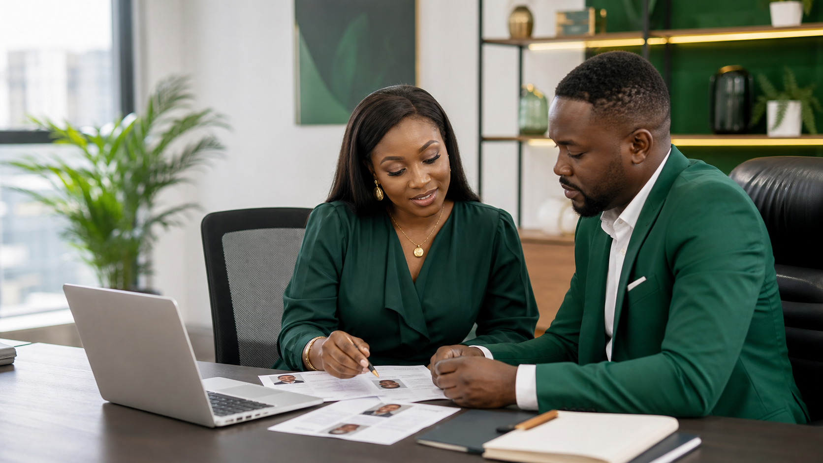 Recruitment consultant reviewing candidate profiles with a business owner