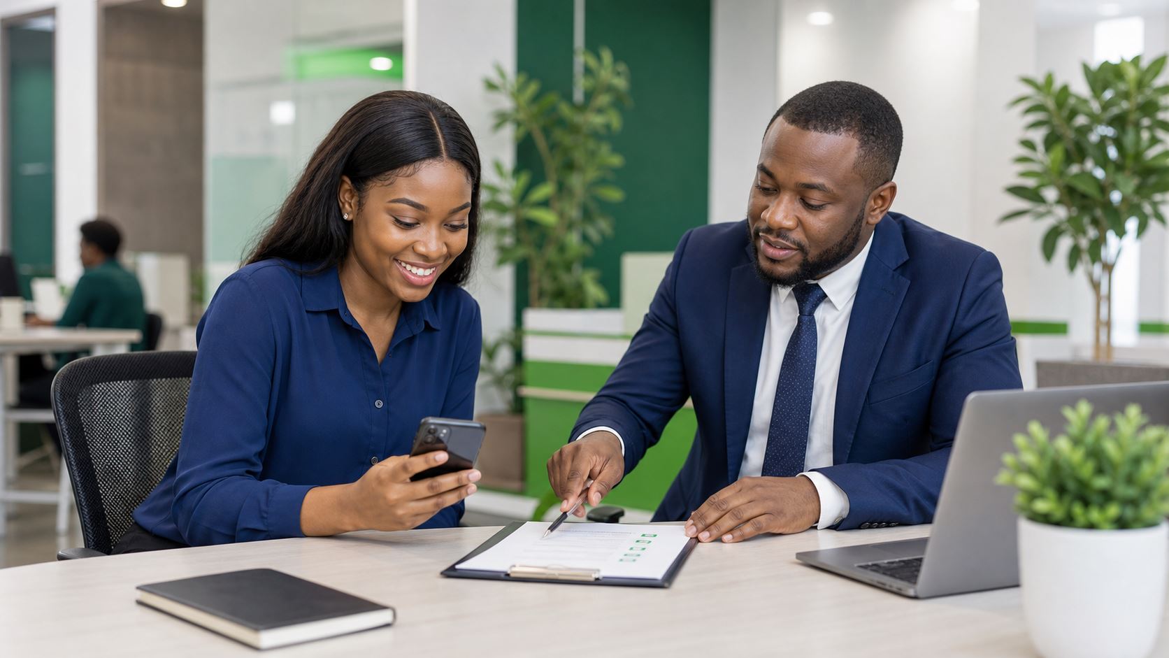 Job seeker reviewing a verified job listing with recruitment guidance in Lagos