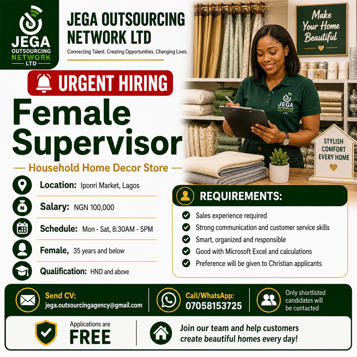 Female Supervisor vacancy flyer
