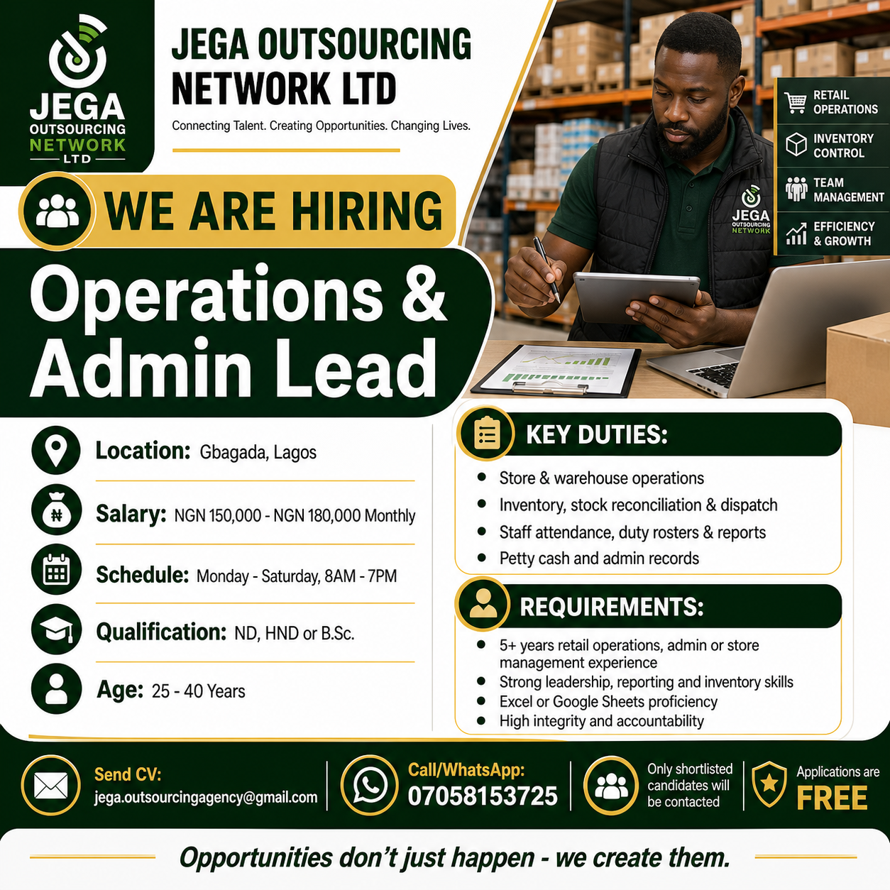 Operations & Admin Lead vacancy flyer